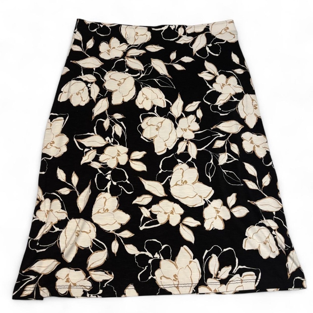 J. Jill A Line Midi Skirt Sz Small Black White Floral Stretch Pull On